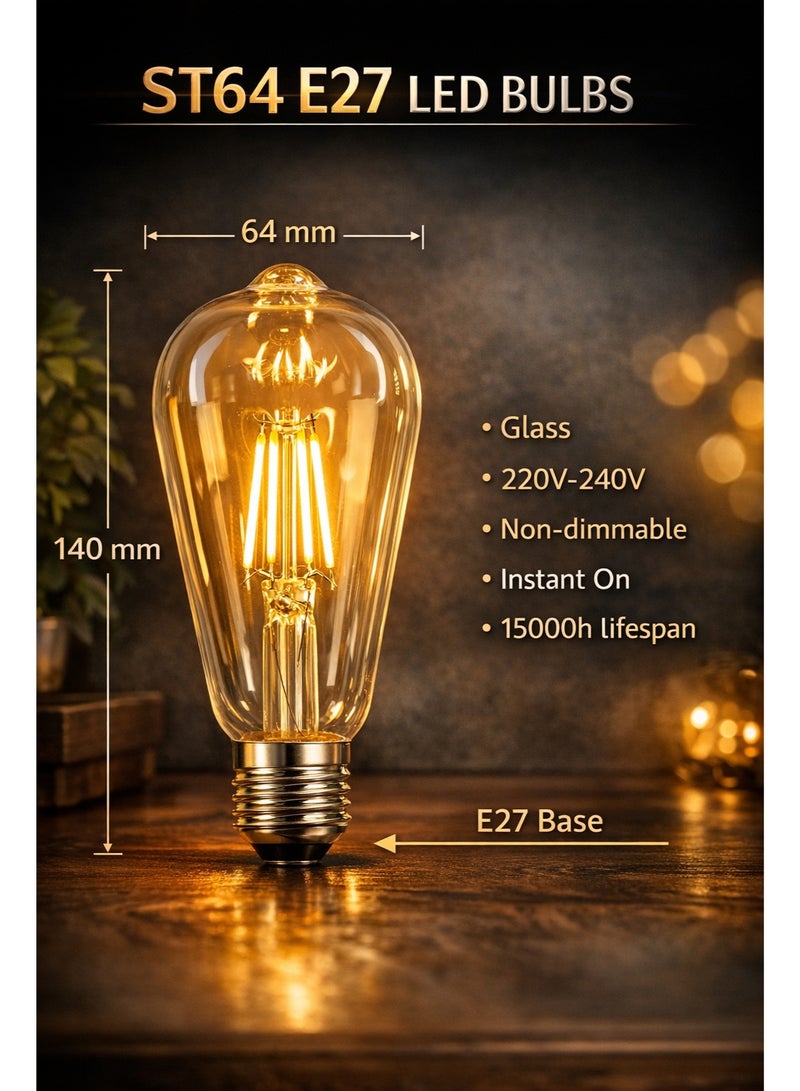 مصباح LED إيديسون فينتاج E27 شكل ST64 بقدرة 6 واط | إضاءة دافئة 2700 كلفن | زجاج شفاف ديكوري | إضاءة محيطية (غير قابل للتعتيم) - Image 3